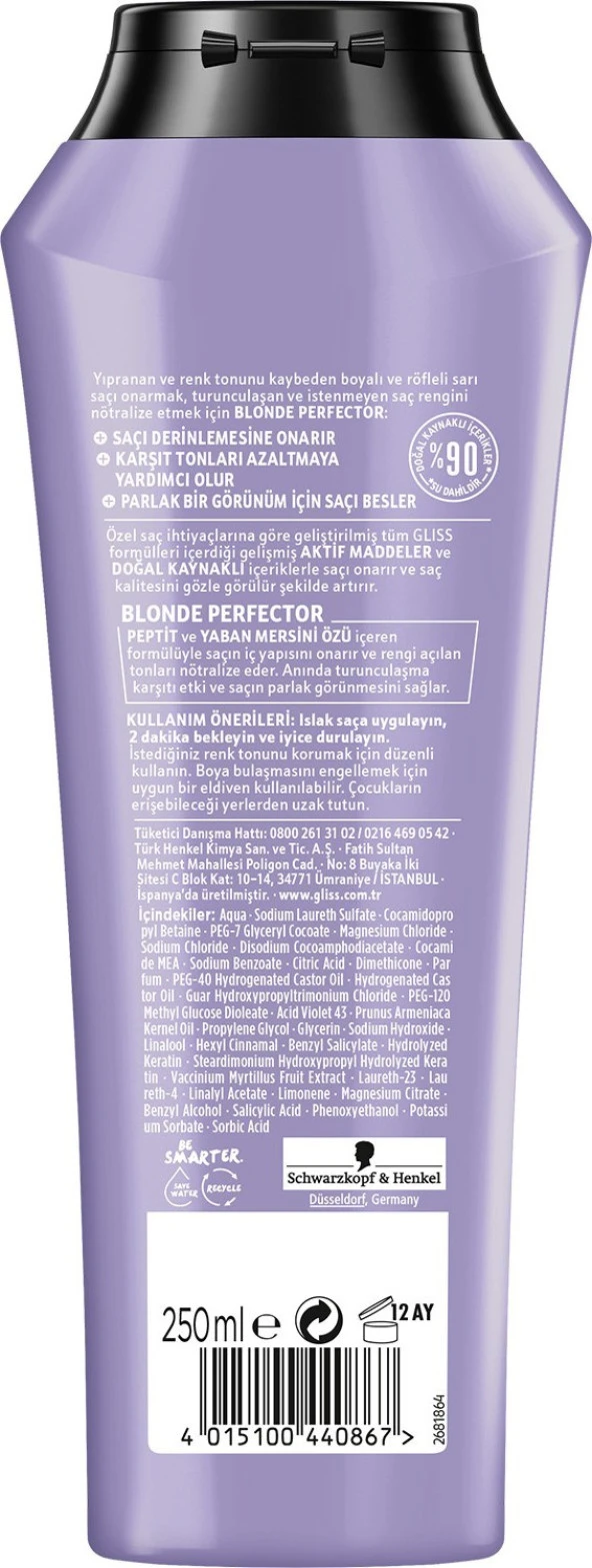 Schwarzkopf Gliss Blonde Perfector Turunculaşma Karşıtı Mor Şampuan 250 ml - Resim 3
