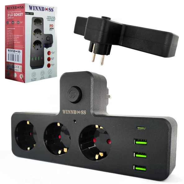WINNBOSS WN-3397 3Lü Akım Korumalı Priz Anahtarlı 10A 2500 Watt 3XUSB 1XType-c - 1