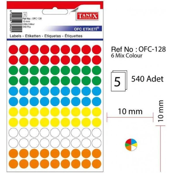 Tanex Mıx Color Ofis Etiketi 10mm 6-Renk 5.yaprak (540 Etiket) ürün görseli 1