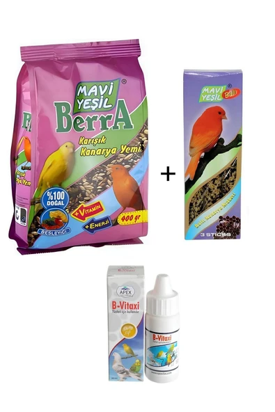 Mavi Yeşil Kanarya Yemi + 3'lü ballı kraker + Tüy Dökümü Önleyici Vitamin Damla set ürün görseli 1