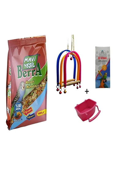 KorPet Muhabbet Kuşu Besleme seti yem + Kuş yemliği+ Kuş salıncağı + tüy dökülme karşıtı vitamin ürün görseli 1