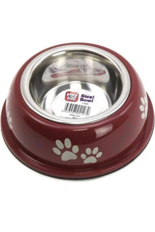 Playfull Pati ve Kemik Desenli Plastik Çerçeve İçinde Çelik Mama ve Su Kabı Kauçuk Tabanlı 1/2 Pint Cat