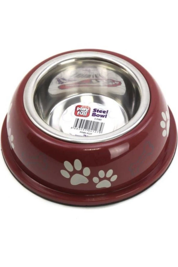 Playfull Pati ve Kemik Desenli Plastik Çerçeve İçinde Çelik Mama ve Su Kabı Kauçuk Tabanlı 1/2 Pint Cat - 2