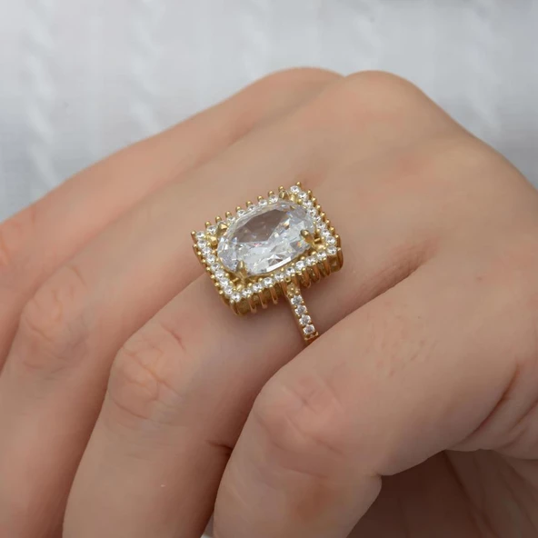 Büyük Zirkon Taşlı Altın Kaplama Gümüş Tektaş Yüzük - 4