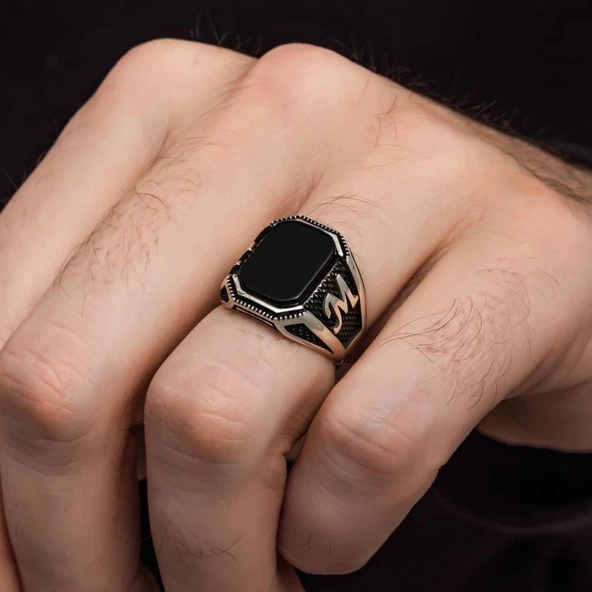 Harfli Oniks Taşlı 925 Gümüş Erkek Yüzük - 10