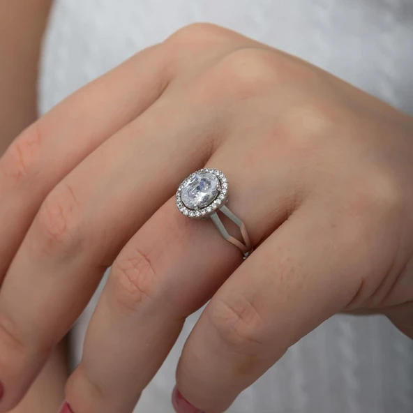 Oval Yeni Tasarım Gümüş Tektaş Yüzük - Resim 5