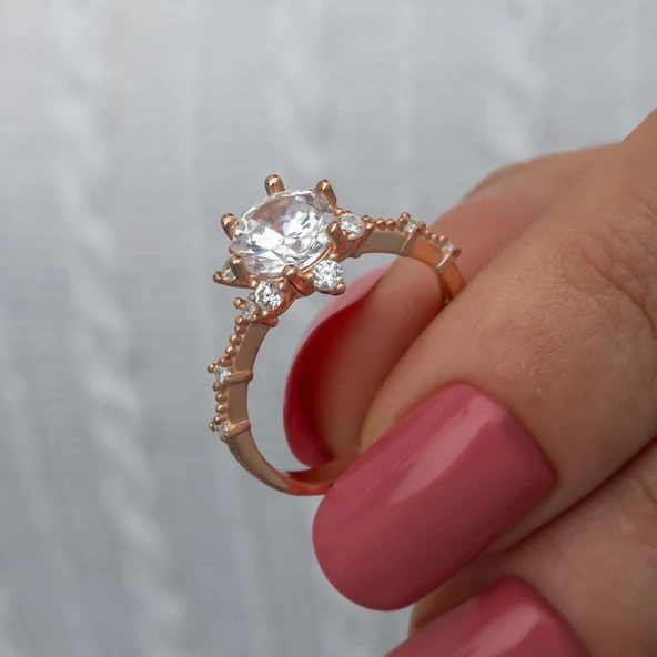 Prenses Model Rose Kaplama Zirkon Taşlı Gümüş Tektaş Yüzük - Resim 2