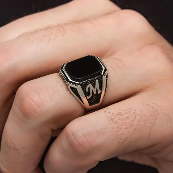 Harfli Oniks Taşlı 925 Gümüş Erkek Yüzük - 9