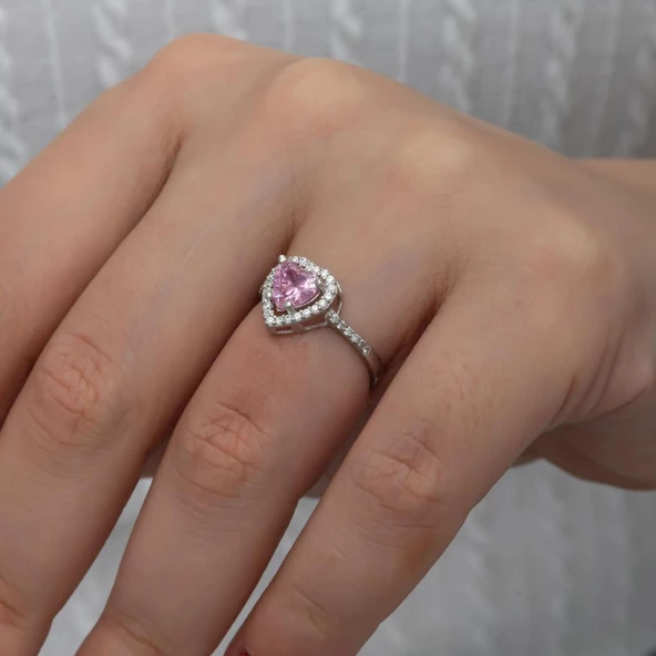 Kalpli Pembe Taşlı Gümüş Tektaş Yüzük - 3
