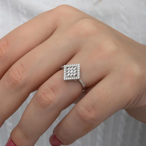 Dik Kare Baget Taşlı Gümüş Yüzük - Resim 2