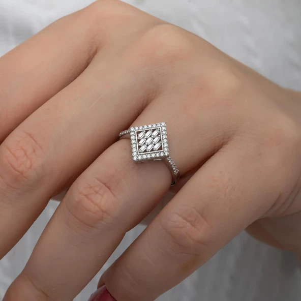 Dik Kare Baget Taşlı Gümüş Yüzük - Resim 6