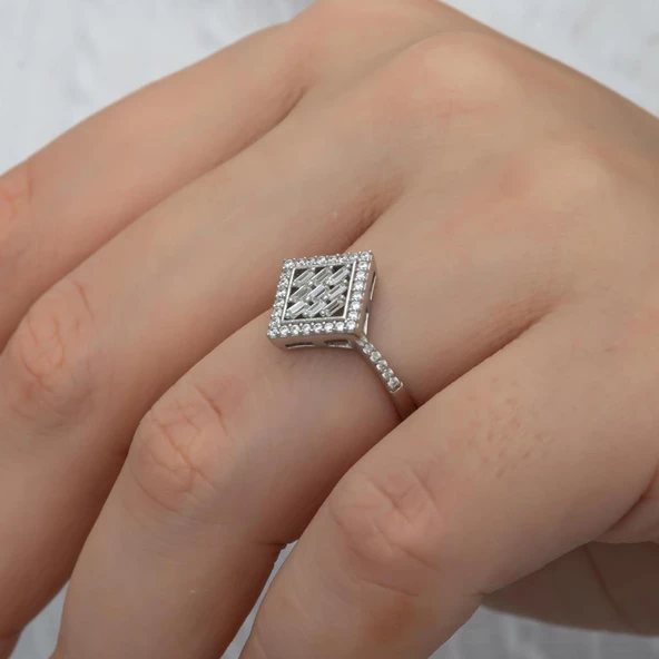 Dik Kare Baget Taşlı Gümüş Yüzük - Resim 5