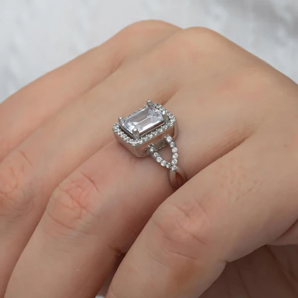 Zirkon Baget Taşlı Gümüş Tektaş Yüzük - Resim 3