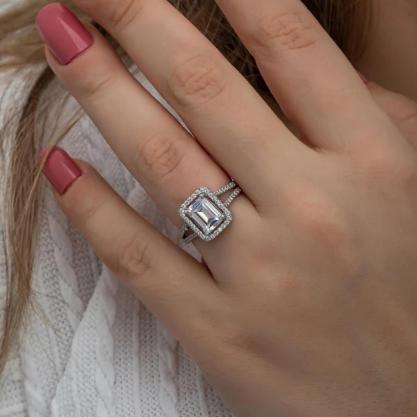 Zirkon Baget Taşlı Gümüş Tektaş Yüzük - 6