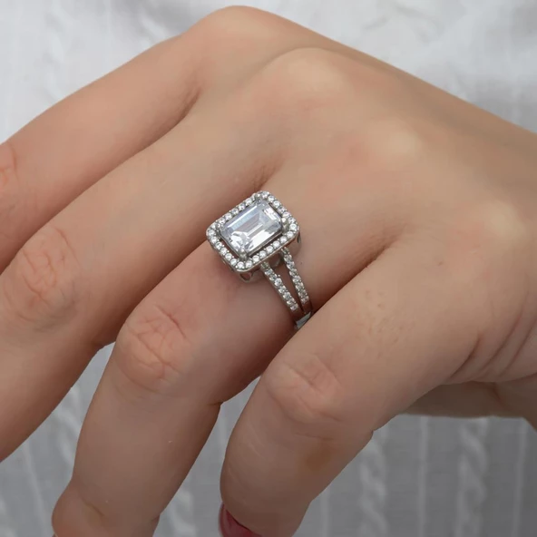 Zirkon Baget Taşlı Gümüş Tektaş Yüzük - 4