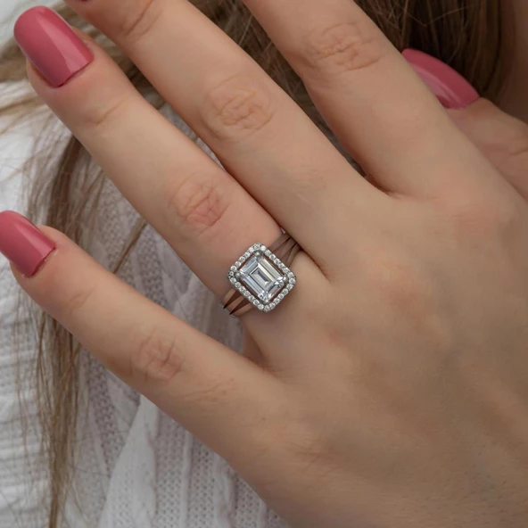 Zirkon Baget Taşlı Gümüş Tektaş Yüzük - 5