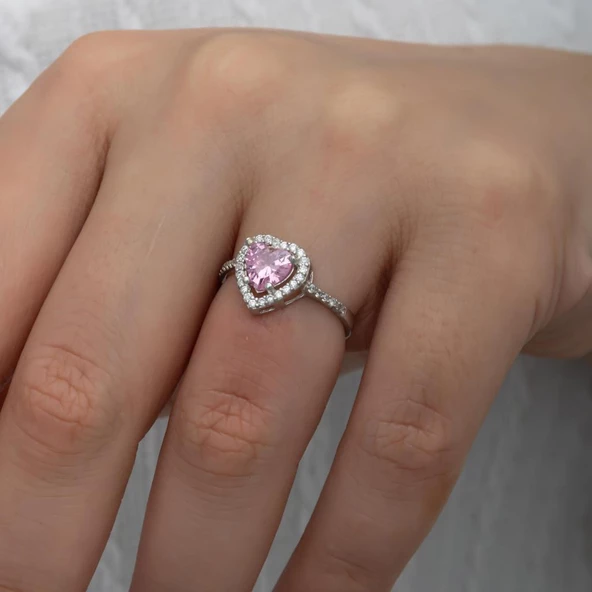 Kalpli Pembe Taşlı Gümüş Tektaş Yüzük - 5