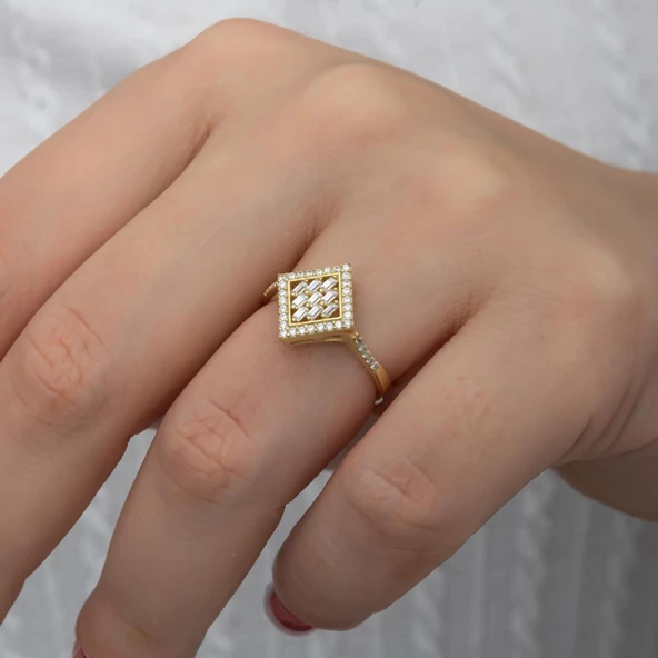 Dik Kare Baget Taşlı Gümüş Yüzük - Resim 3