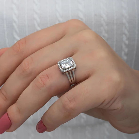 Zirkon Baget Taşlı Gümüş Tektaş Yüzük - 3