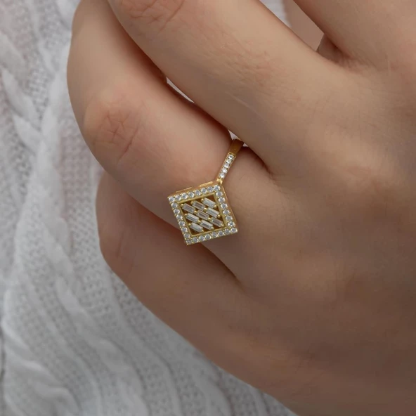 Dik Kare Baget Taşlı Gümüş Yüzük - Resim 4