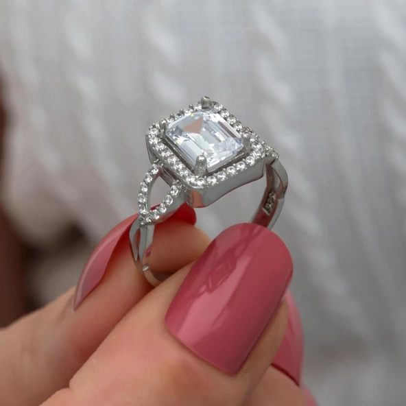 Zirkon Baget Taşlı Gümüş Tektaş Yüzük - Resim 4