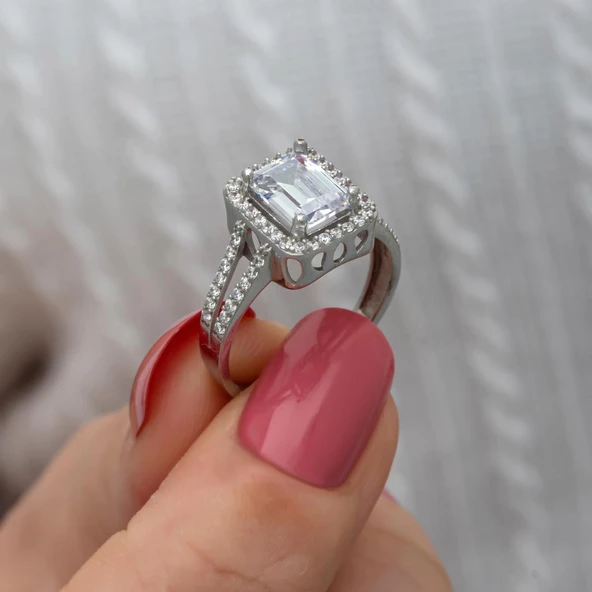 Zirkon Baget Taşlı Gümüş Tektaş Yüzük - 7