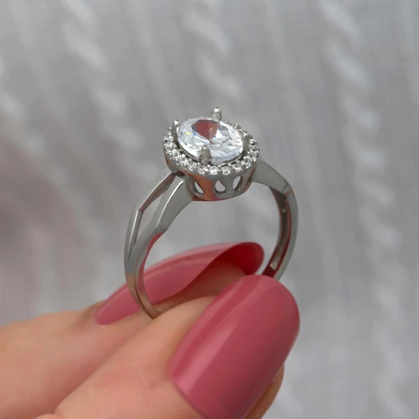 Oval Yeni Tasarım Gümüş Tektaş Yüzük - Resim 4