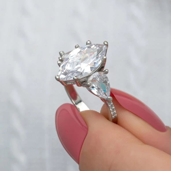 Damla Kesim Zirkon Taşlı Gümüş Tria Yüzük - Resim 3