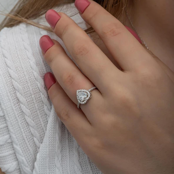 Kalpli  Zirkon Taşlı Gümüş Tektaş Yüzük - 7