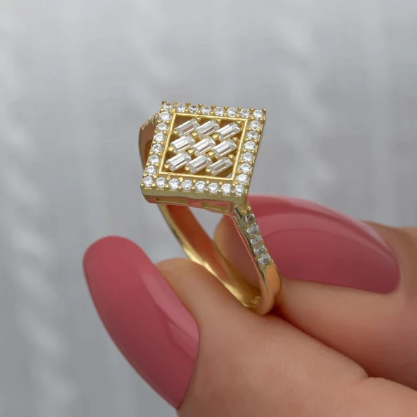 Dik Kare Baget Taşlı Gümüş Yüzük - Resim 2