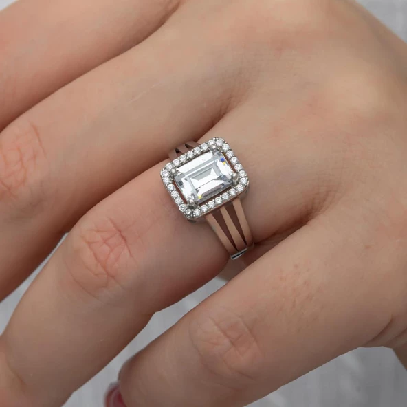 Zirkon Baget Taşlı Gümüş Tektaş Yüzük - 4