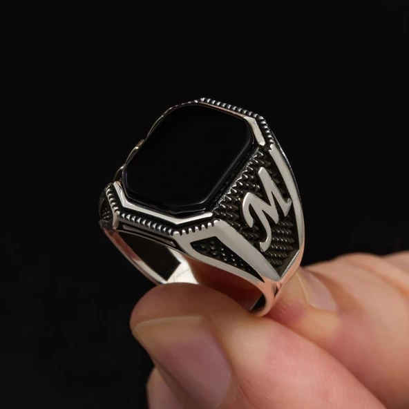 Harfli Oniks Taşlı 925 Gümüş Erkek Yüzük - 4