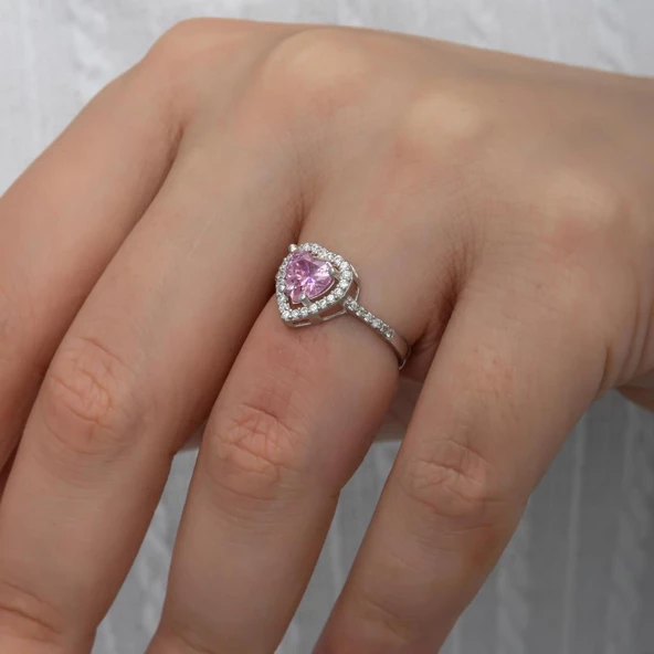Kalpli Pembe Taşlı Gümüş Tektaş Yüzük - 4