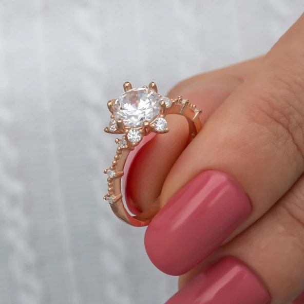 Prenses Model Rose Kaplama Zirkon Taşlı Gümüş Tektaş Yüzük - Resim 5