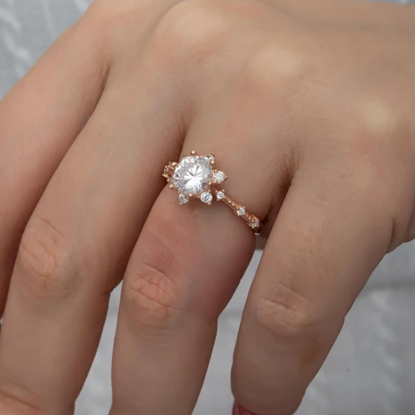 Prenses Model Rose Kaplama Zirkon Taşlı Gümüş Tektaş Yüzük - Resim 4