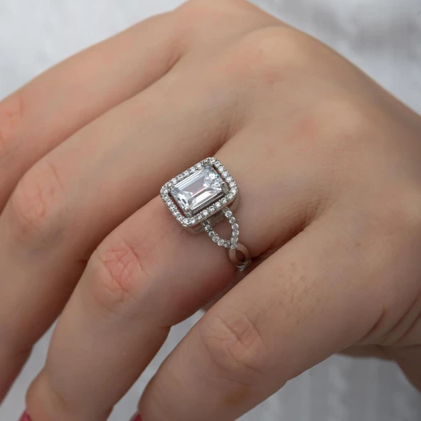 Zirkon Baget Taşlı Gümüş Tektaş Yüzük - Resim 6