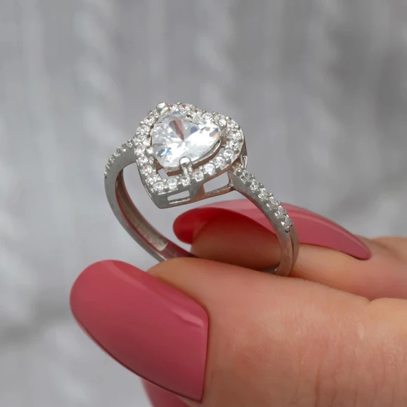 Kalpli  Zirkon Taşlı Gümüş Tektaş Yüzük - 4