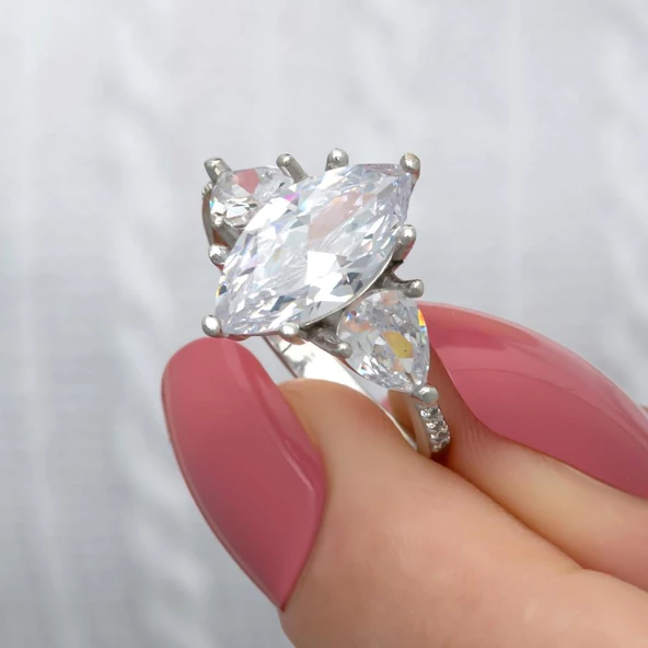 Damla Kesim Zirkon Taşlı Gümüş Tria Yüzük - Resim 4