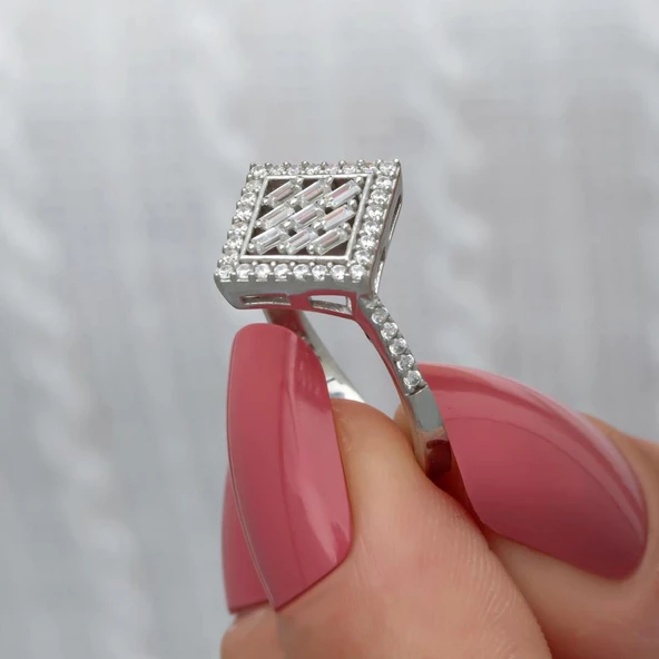 Dik Kare Baget Taşlı Gümüş Yüzük - Resim 9