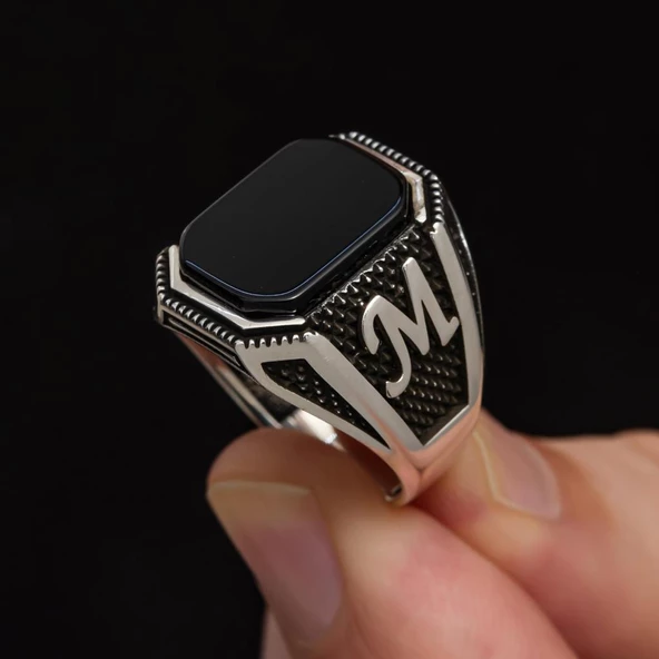 Harfli Oniks Taşlı 925 Gümüş Erkek Yüzük - 5