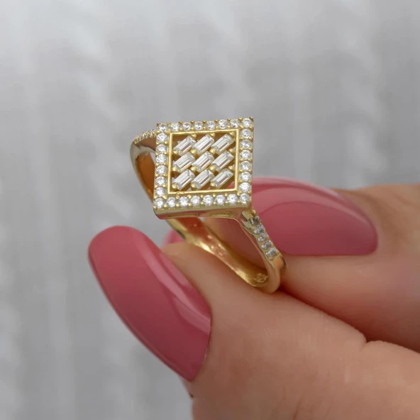 Dik Kare Baget Taşlı Gümüş Yüzük - Resim 7