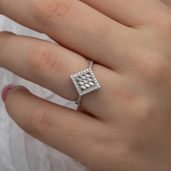 Dik Kare Baget Taşlı Gümüş Yüzük - Resim 7