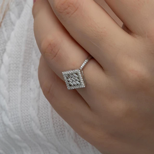 Dik Kare Baget Taşlı Gümüş Yüzük - Resim 4