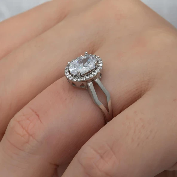 Oval Yeni Tasarım Gümüş Tektaş Yüzük - Resim 3