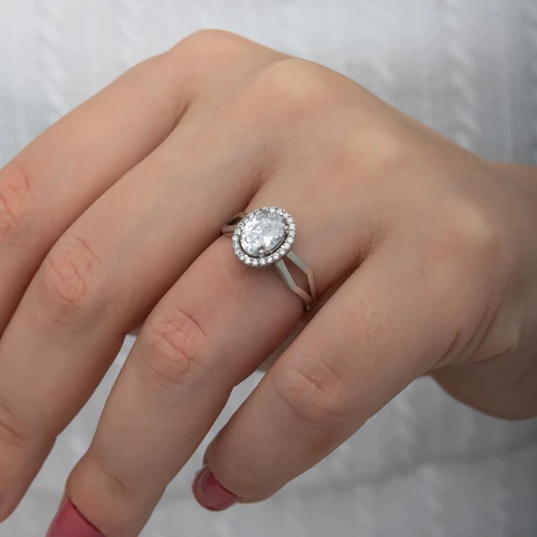 Oval Yeni Tasarım Gümüş Tektaş Yüzük - Resim 6