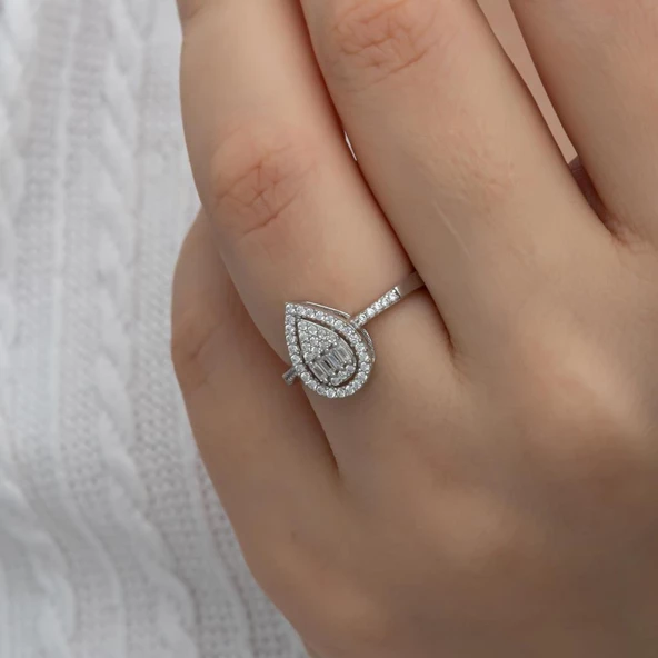 Damla Desenli Baget Taşlı Gümüş Tektaş Yüzük - Resim 2