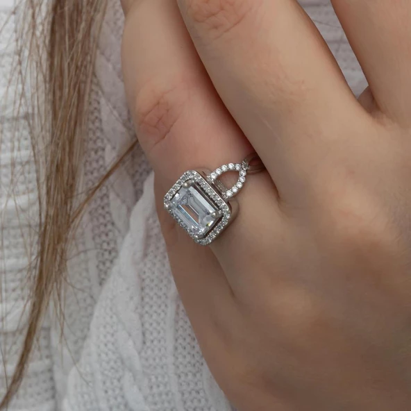 Zirkon Baget Taşlı Gümüş Tektaş Yüzük - Resim 7