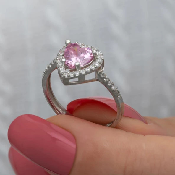Kalpli Pembe Taşlı Gümüş Tektaş Yüzük - 8