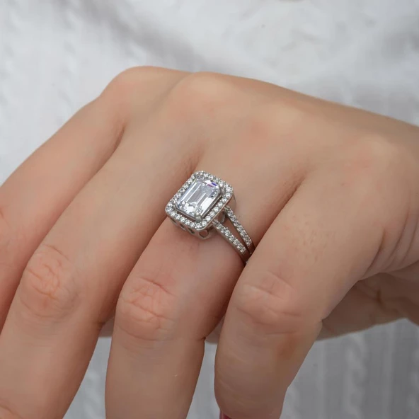 Zirkon Baget Taşlı Gümüş Tektaş Yüzük - 3