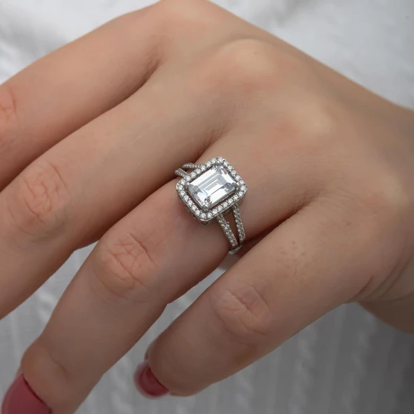 Zirkon Baget Taşlı Gümüş Tektaş Yüzük - 5